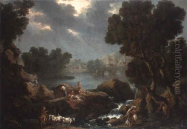 A Rocky River Landscape With Washerwomen By A Waterfall Oil Painting by Andrea Locatelli