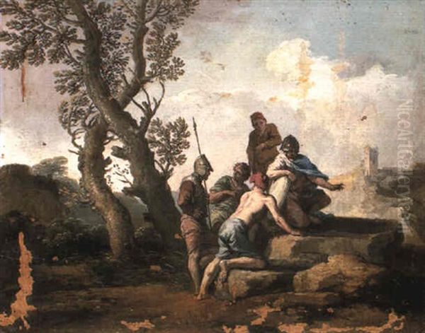 Soldiers And Travellers Conversing On The Bluff Of A Hill Oil Painting by Andrea Locatelli