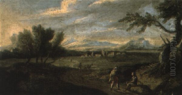 An Italianate Landscape With Travellers On A Track Oil Painting by Andrea Locatelli