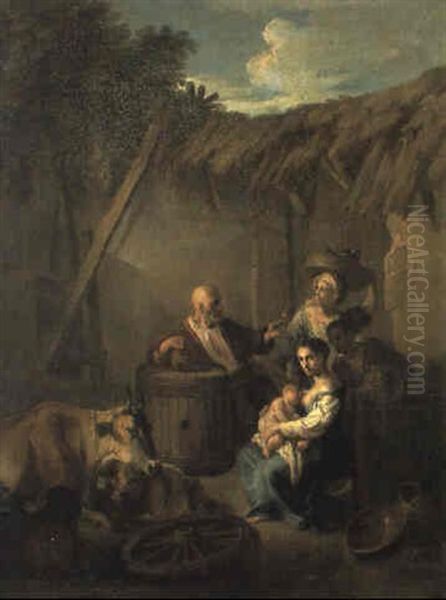 Nursing Mother, Her Companions And Livestock Resting In A Courtyard Oil Painting by Andrea Locatelli