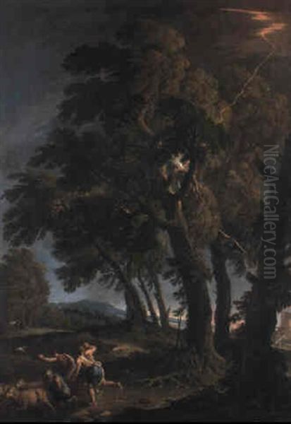 Wooded Landscape With Shepherds Frightened By Lightning Oil Painting by Andrea Locatelli