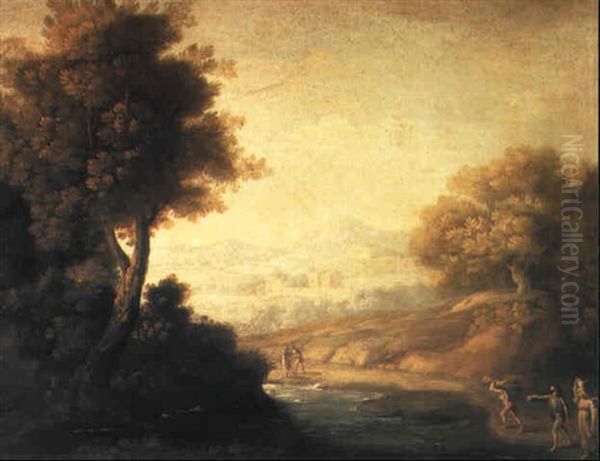 An Itaianate River Landscape With Peasants On A Track Oil Painting by Andrea Locatelli