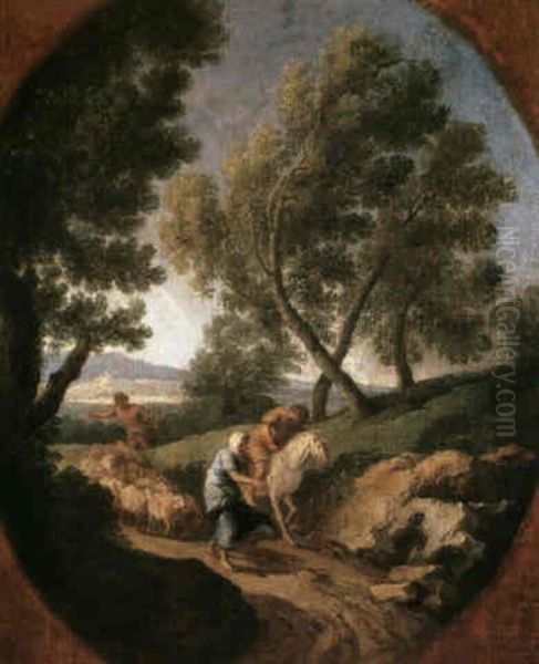 A Landscape With A Shepherd Driving His Flock Along A Path  Behind Two Travellers One On Foot The Other On Horseback Oil Painting by Andrea Locatelli