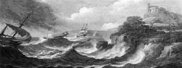 Ships Foundering In A Stormy Sea Off A Rocky Coast Oil Painting by Andrea Locatelli