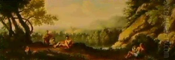 Figures Resting In A Pastoral Campagnian Landscape Oil Painting by Andrea Locatelli