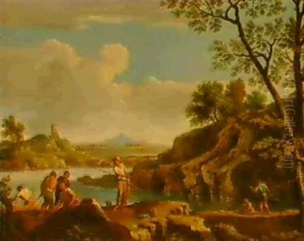 An Italianate River Landscape With Fisherman Oil Painting by Andrea Locatelli