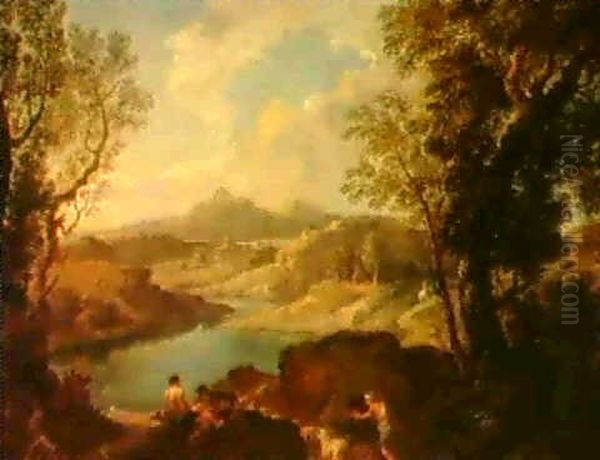 An Italianate Landscape With Figures By A River Oil Painting by Andrea Locatelli