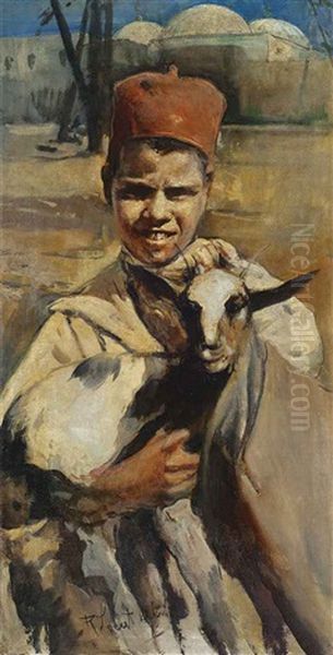 Boy With A Goat Oil Painting by Romualdo Locatelli