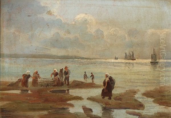 Fishwives And Fishermen Tending To Nets On The Beach Of Hornbaek, North Sealand Oil Painting by Carl Ludvig Thilson Locher