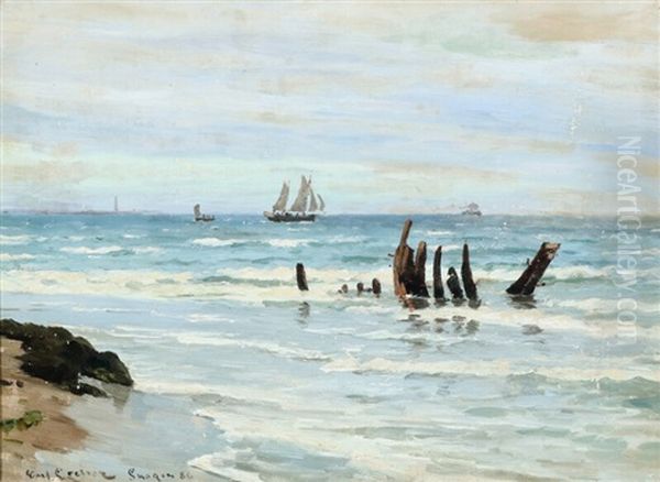 Coastal Scenery From Skagen Sonderstrand With Shipwreck In The Water Oil Painting by Carl Ludvig Thilson Locher