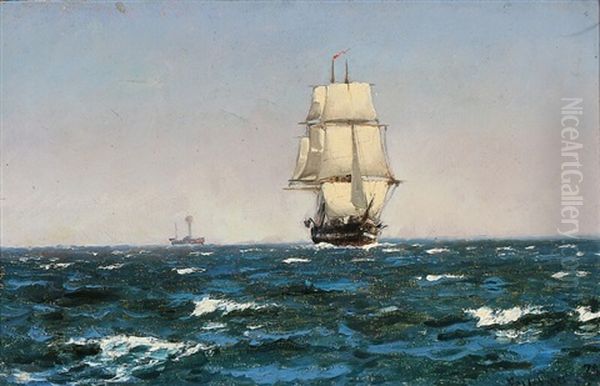 A Ship And A Steamer On The Sea Oil Painting by Carl Ludvig Thilson Locher