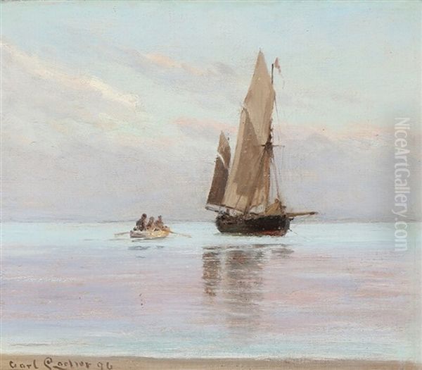 A Rowboat With Passengeres Sailing Away From A Ship Oil Painting by Carl Ludvig Thilson Locher