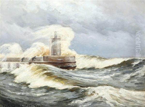 Stormy Day At Skagen With Waves Sweeping Over The Pier Oil Painting by Carl Ludvig Thilson Locher