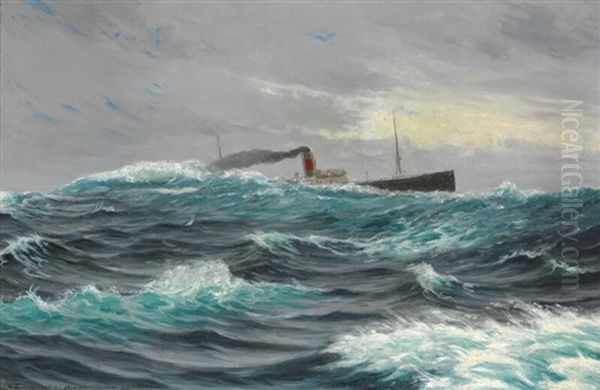 Seascape With An Atlantic Steamer In Rough Sea Oil Painting by Carl Ludvig Thilson Locher