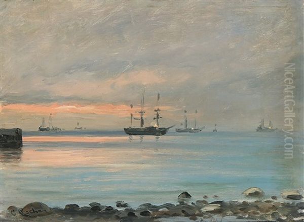 Ships In The Sunset Oil Painting by Carl Ludvig Thilson Locher