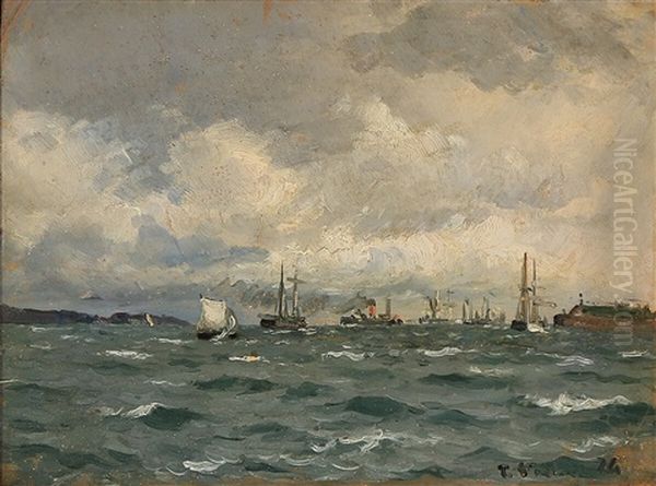 Ships On The Sea With The Castle Kronborg In The Distance Oil Painting by Carl Ludvig Thilson Locher