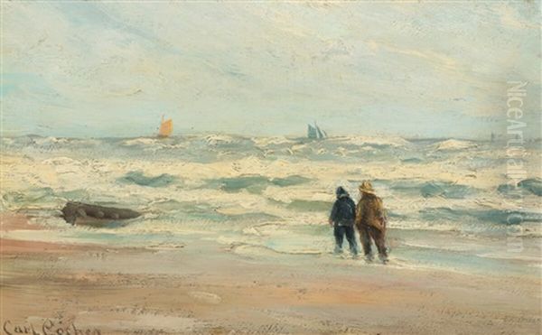 Fishermen On The Beach By Skagen Oil Painting by Carl Ludvig Thilson Locher