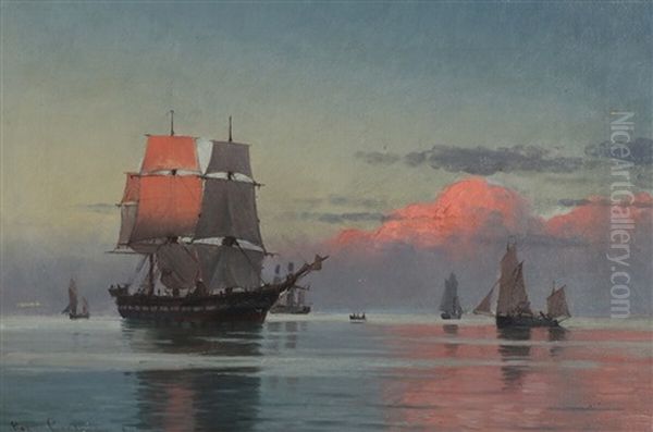 Seascape With Sailing Ships Oil Painting by Carl Ludvig Thilson Locher