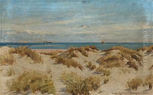 Coastal Scene From Skagen With Ships In The Background by Carl Ludvig Thilson Locher