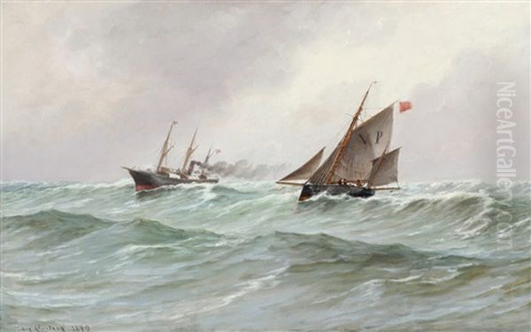 Seascape With Danish Pilot Boat And Steam Boat Oil Painting by Carl Ludvig Thilson Locher