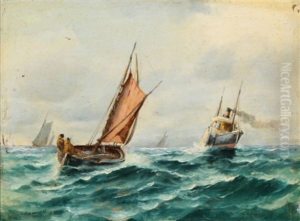 A Sailing Boat And A Paddle Steamer In Windy Weather Oil Painting by Carl Ludvig Thilson Locher