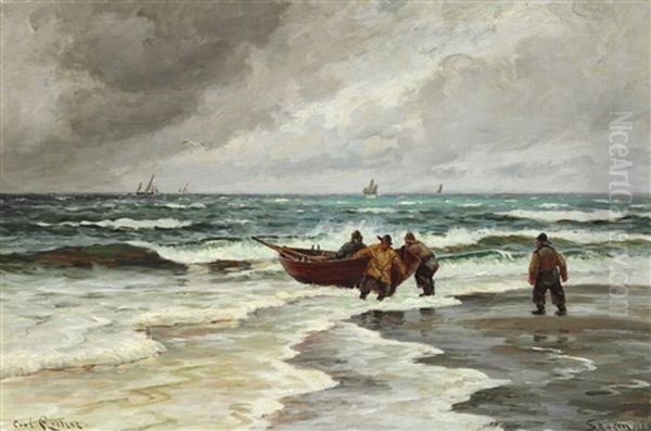 Fishermen At Their Boat On The Beach Oil Painting by Carl Ludvig Thilson Locher