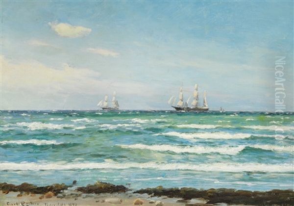 Summer Day With Sailing Ships Off The Coast Oil Painting by Carl Ludvig Thilson Locher