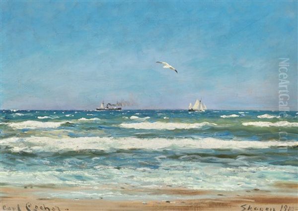 Summer Day With Ships Off The Coast Oil Painting by Carl Ludvig Thilson Locher