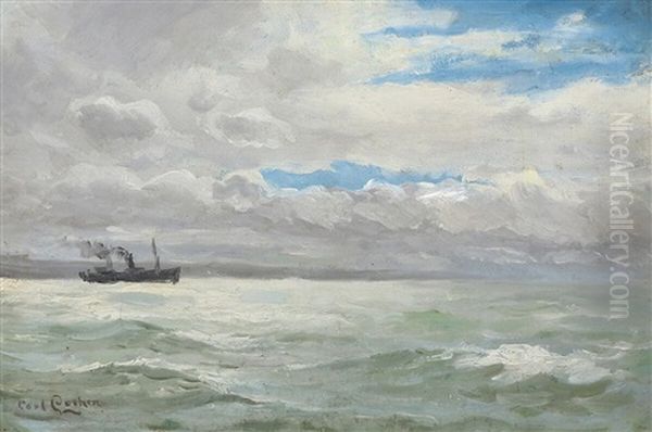 Seascape With Steam Boat Oil Painting by Carl Ludvig Thilson Locher