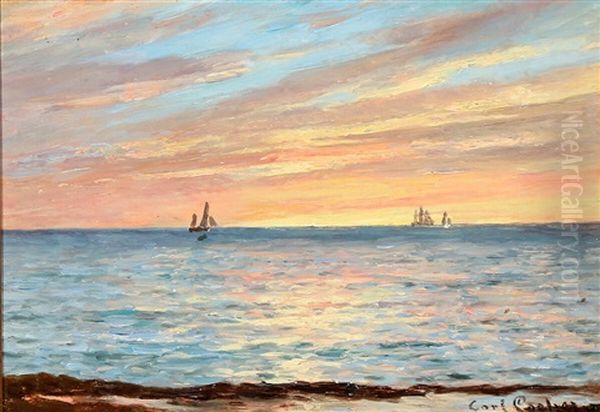 Ships Near The Coast, Evening Oil Painting by Carl Ludvig Thilson Locher