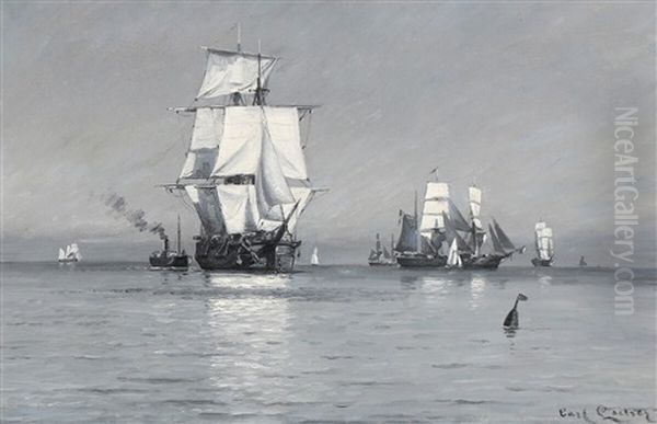 Seascape With Several Ships At Sea Oil Painting by Carl Ludvig Thilson Locher