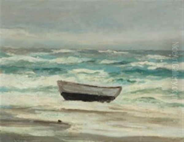 Coastal Scenery With Breaking Waves And A Boat On The Beach Oil Painting by Carl Ludvig Thilson Locher