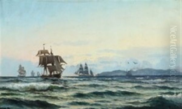 Ships On The Sound, Presumably By Kullen Oil Painting by Carl Ludvig Thilson Locher