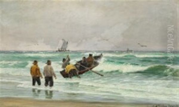 Fishermen On Skagen Beach Oil Painting by Carl Ludvig Thilson Locher