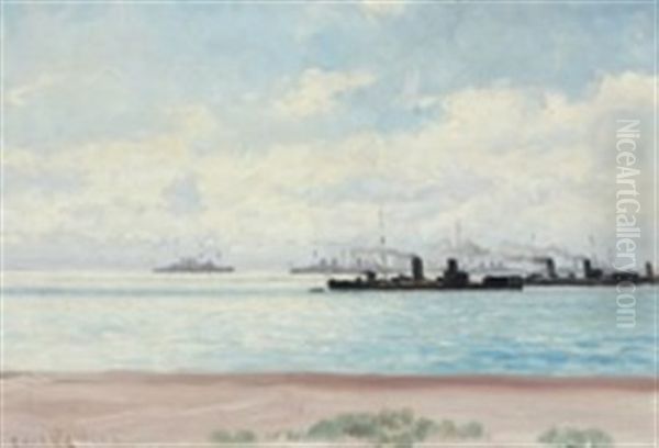 Coast Scenery With Warships Oil Painting by Carl Ludvig Thilson Locher