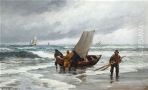 Costal Scenery With Fishermen And Ships At Sea Oil Painting by Carl Ludvig Thilson Locher