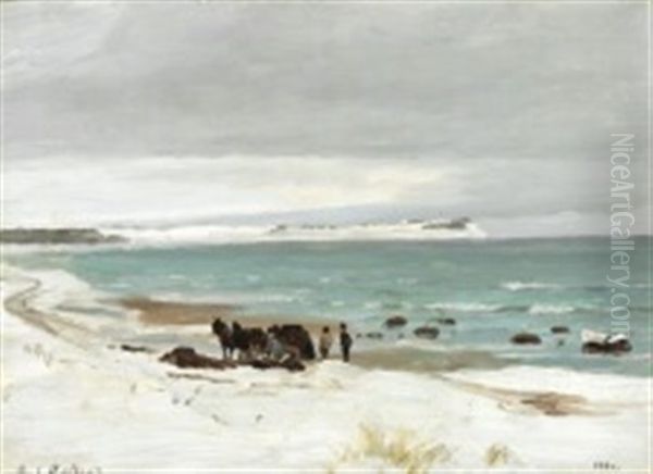 Winter Day At Hornbaek With Men Collecting Seaweed Oil Painting by Carl Ludvig Thilson Locher