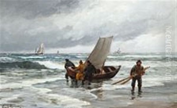 Costal Scenery With Fishermen And Ships At Sea Oil Painting by Carl Ludvig Thilson Locher