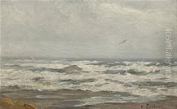 Coastal Scenery With Breaking Waves And A Flying Seagull Oil Painting by Carl Ludvig Thilson Locher