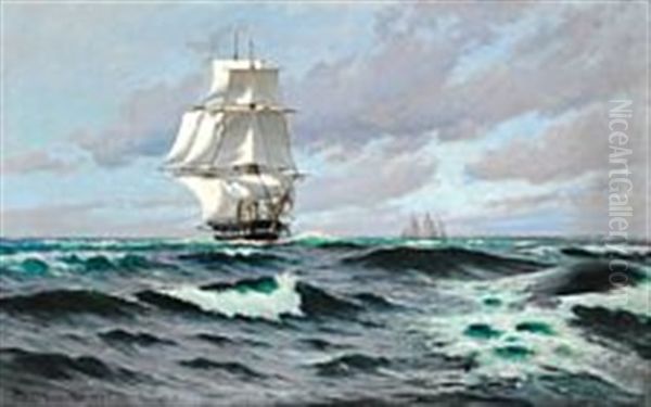 A Danish Frigate In Fresh Breeze In Open Seas Oil Painting by Carl Ludvig Thilson Locher