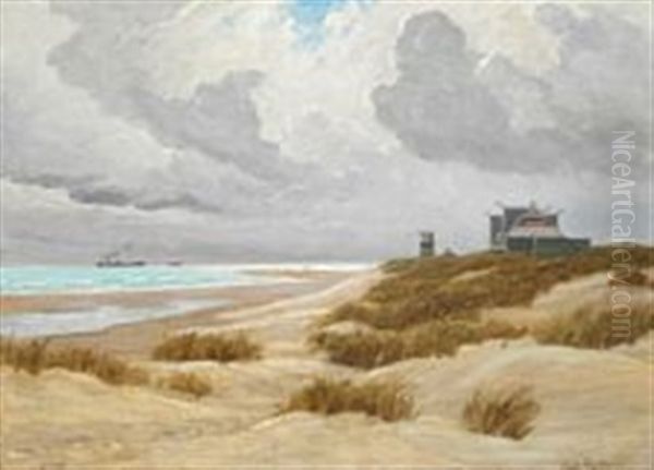 Windswept Sand Dunes At Grenen With The Old Skagen Seaside Hotel Oil Painting by Carl Ludvig Thilson Locher