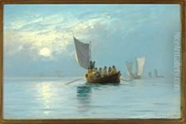 Fishing Boats Returning At Sunset Oil Painting by Carl Ludvig Thilson Locher