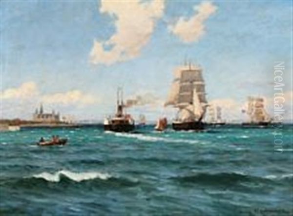 Sailing Ships And A Ferry Off Kronborg Castle, Elsinore Oil Painting by Carl Ludvig Thilson Locher