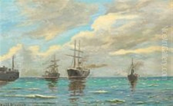 Ships At Sea Oil Painting by Carl Ludvig Thilson Locher