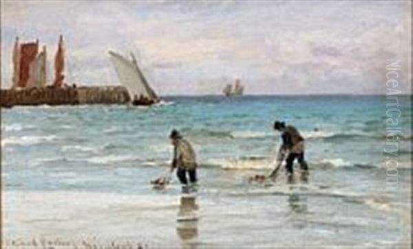 Coastal Scene From Hornbaek With Two Fishermen Oil Painting by Carl Ludvig Thilson Locher