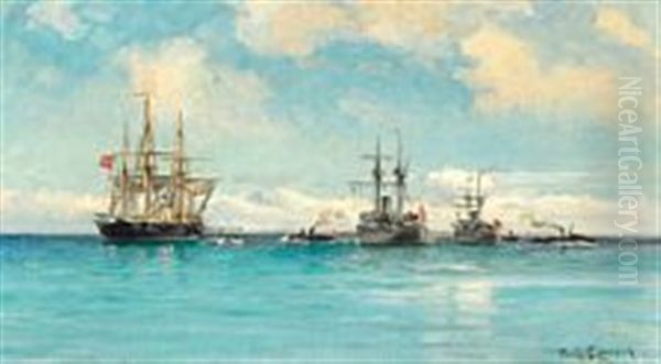 Seascape With Numerous Ships Oil Painting by Carl Ludvig Thilson Locher