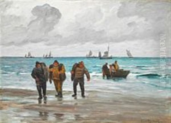 Coastal Scene With Fishermen Pulling The Boat Up On Shore Oil Painting by Carl Ludvig Thilson Locher