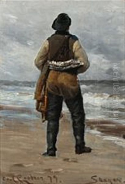 A Fisherman Looking Towards The Sea Oil Painting by Carl Ludvig Thilson Locher