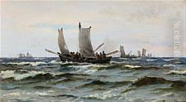 Fishermen At Sea Oil Painting by Carl Ludvig Thilson Locher