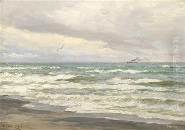 Bewegte See Am Strand, Am Horizont Ein Dampfschiff Oil Painting by Carl Ludvig Thilson Locher